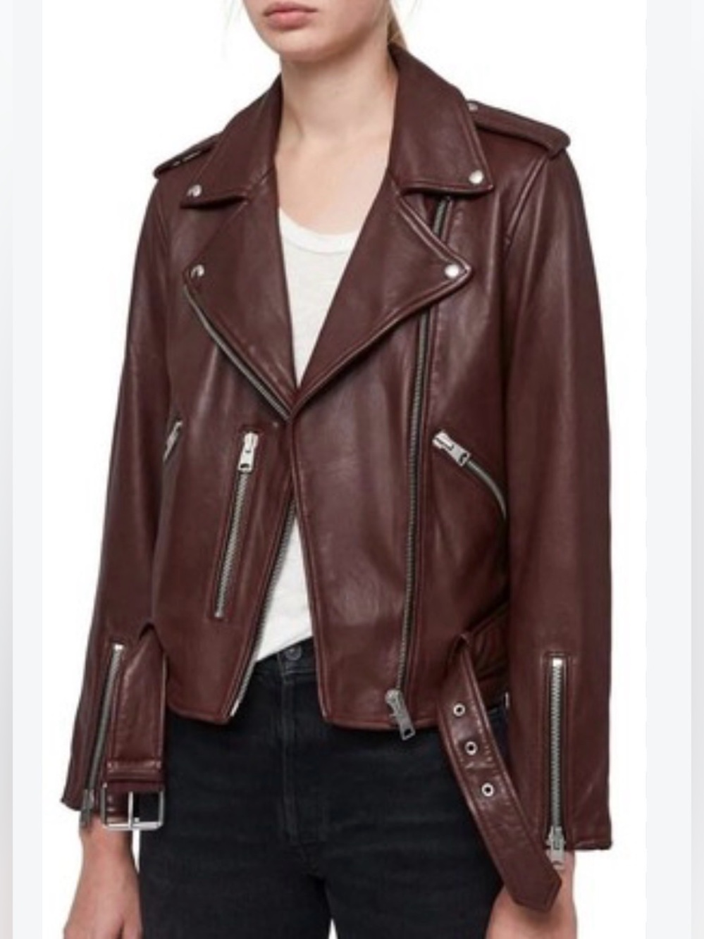 Allsaints Burgundy Leather Moto Jacket Size 8